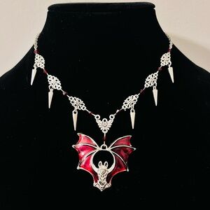 Hand Crafted Silver and Red Bat Pendant Necklace